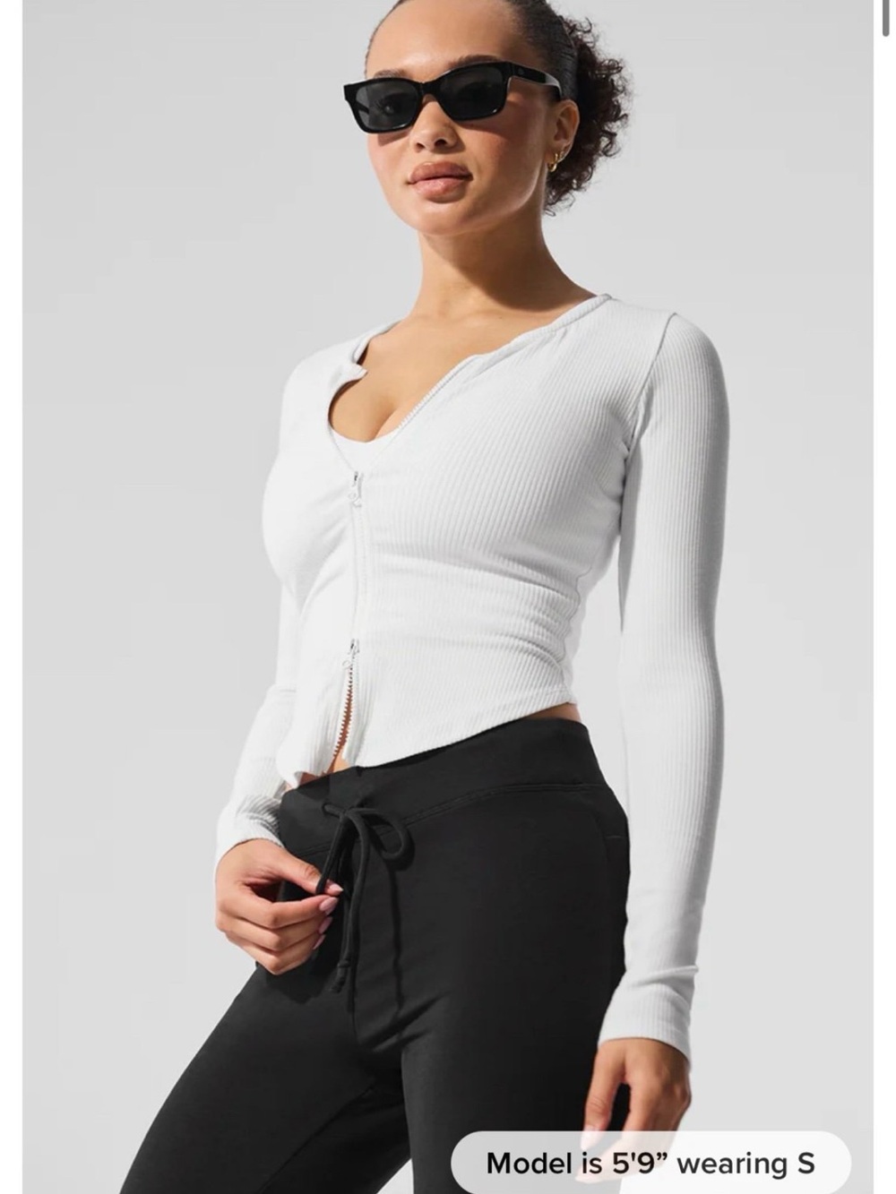 ALO Yoga White Ribbed Zip-Front Long Sleeve Top